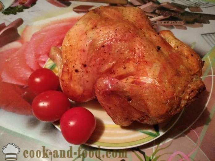 Gebakken kip volledig op de bank - als een heerlijke gebakken kip in de oven geheel, een stap voor stap recept foto's