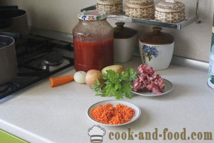 Eenvoudige rode linzensoep met gehaktballen en tomaat - hoe soep van rode linzen koken, met een stap voor stap recept foto's