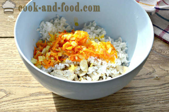 Smakelijke vulling rijst met kippenvlees, uien en wortelen - hoe je een kip vulling voor cakes en taarten, een stap voor stap recept foto's te koken