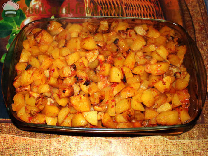Aardappelen met champignons gebakken in de oven - net als gebakken aardappelen met champignons, een stap voor stap recept foto's