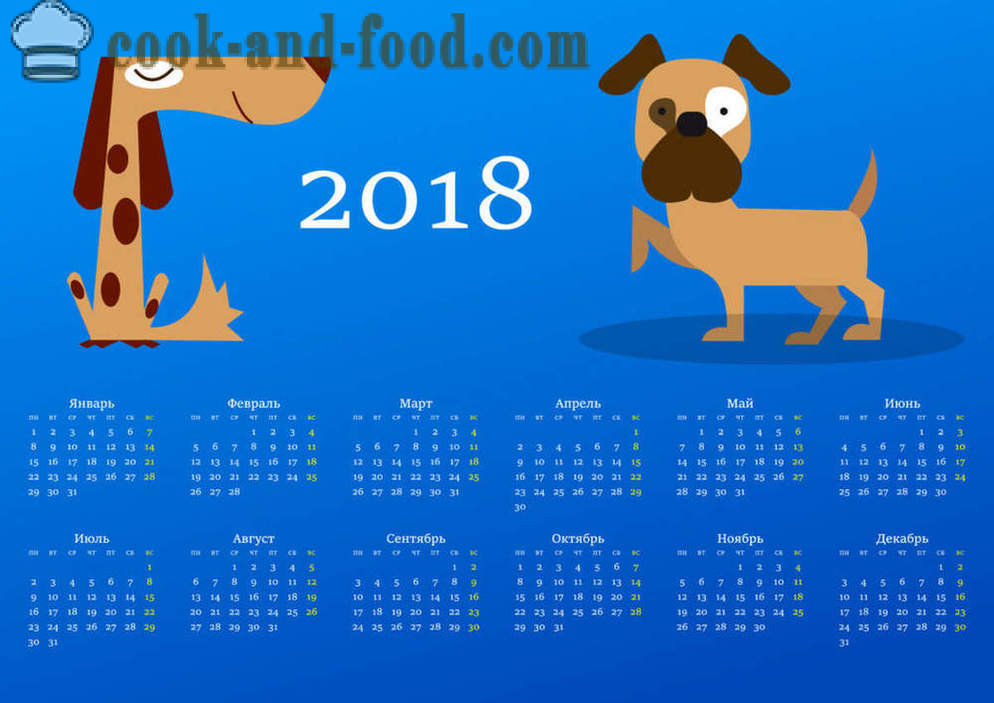 Kalender 2018 - Jaar van de Hond aan de oostelijke kalender: gratis te downloaden Kerstmis kalender met honden en puppies.