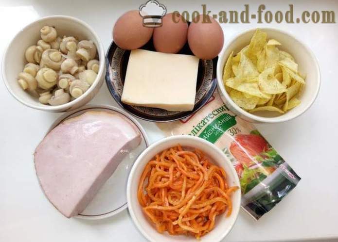 Eenvoudige salade en chips - hoe je een gelaagde salade met ham, champignons en chips, een stap voor stap recept foto's maken