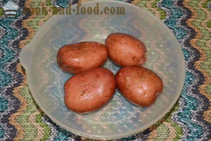 Quick gebakken aardappel in de magnetron - hoe lekker gebakken aardappelen in de magnetron in de huid, met een stap voor stap recept foto's