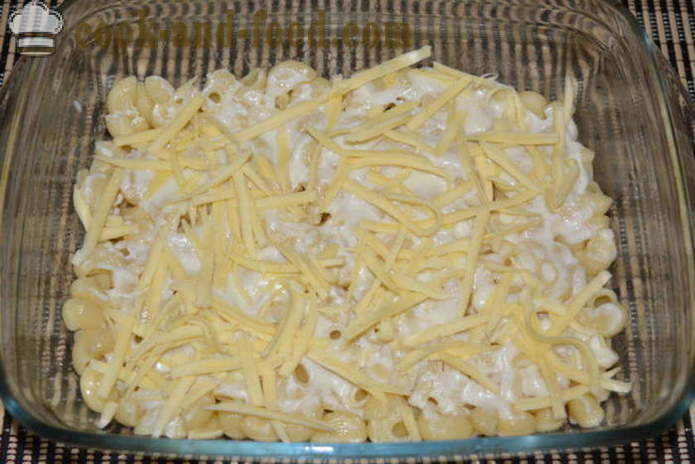 Braadpan van de macaroni met gehakt en bechamelsaus - hoe pasta braadpan in de oven, met een stap voor stap recept foto's