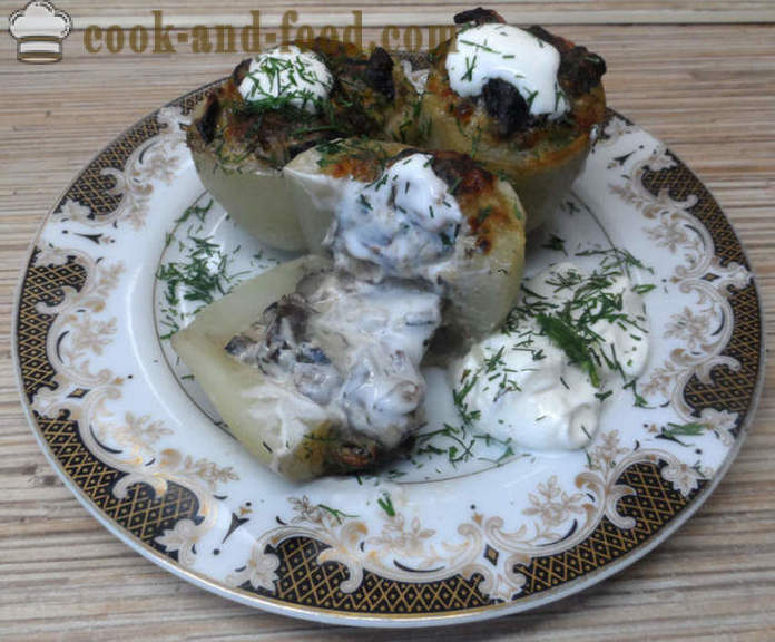 Gebakken aardappelen gevuld met champignons en kaas - hoe aardappelen gevuld met champignons, een stap voor stap recept foto's te koken