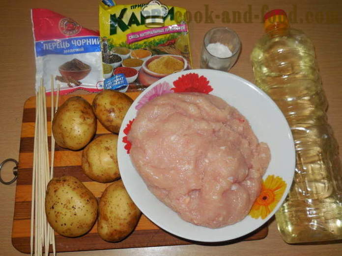 Aardappelen met gehakt gebakken in de oven op spiesjes - hoe om aardappelen te bakken met gehakt in de oven, met een stap voor stap recept foto's
