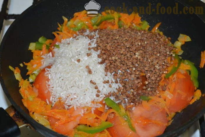 Kasha: Boekweit met rijst en groenten in een koekenpan - hoe boekweit met rijst garnituur samen te koken, stap voor stap recept foto's