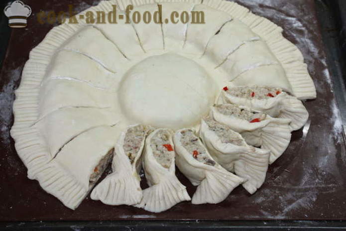 Scherp van bladerdeeg met kip en kaas - hoe je een laag taart met kip, een stap voor stap recept foto's maken
