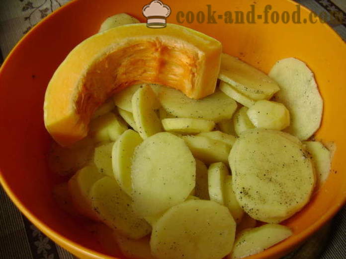 Gebakken aardappelen met pompoen en crème - hoe aardappelen koken met pompoen in de oven, met een stap voor stap recept foto's