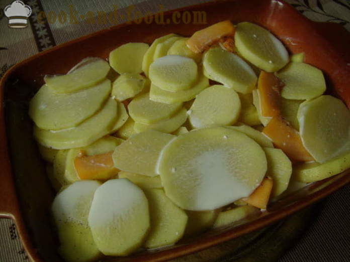 Gebakken aardappelen met pompoen en crème - hoe aardappelen koken met pompoen in de oven, met een stap voor stap recept foto's