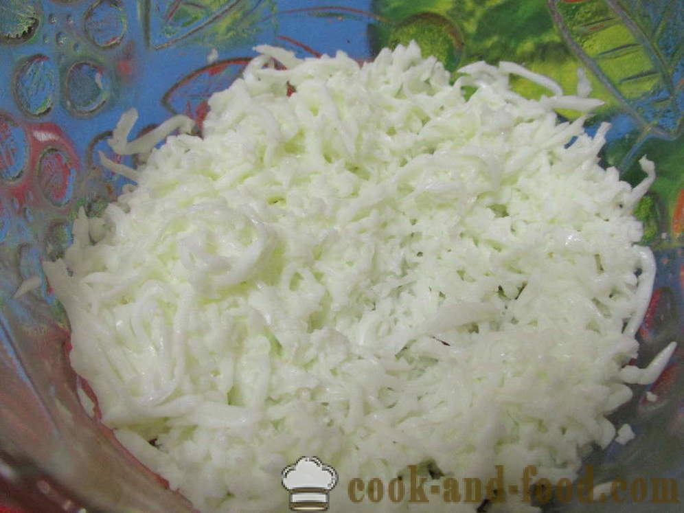 Mimosa salade met ingeblikte en smeltkaas - hoe je een salade te bereiden met Mimosa Canned zonder olie, een stap voor stap recept foto's