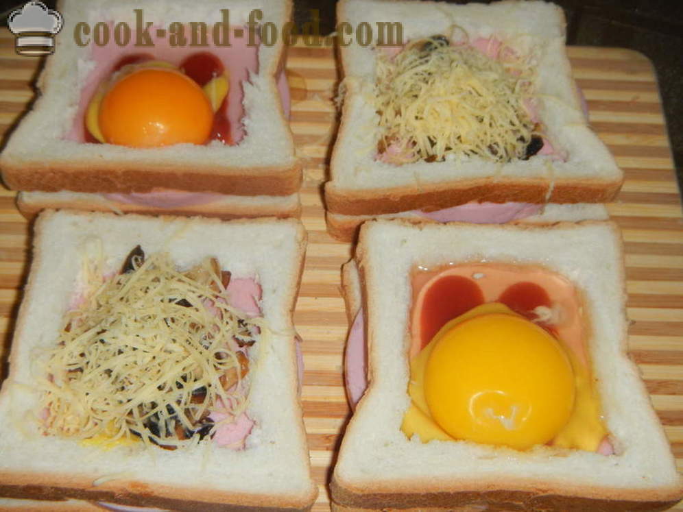 Warme broodjes met ei in de oven - hoe je een warm broodje met ei, worst en champignons, een stap voor stap recept foto's maken