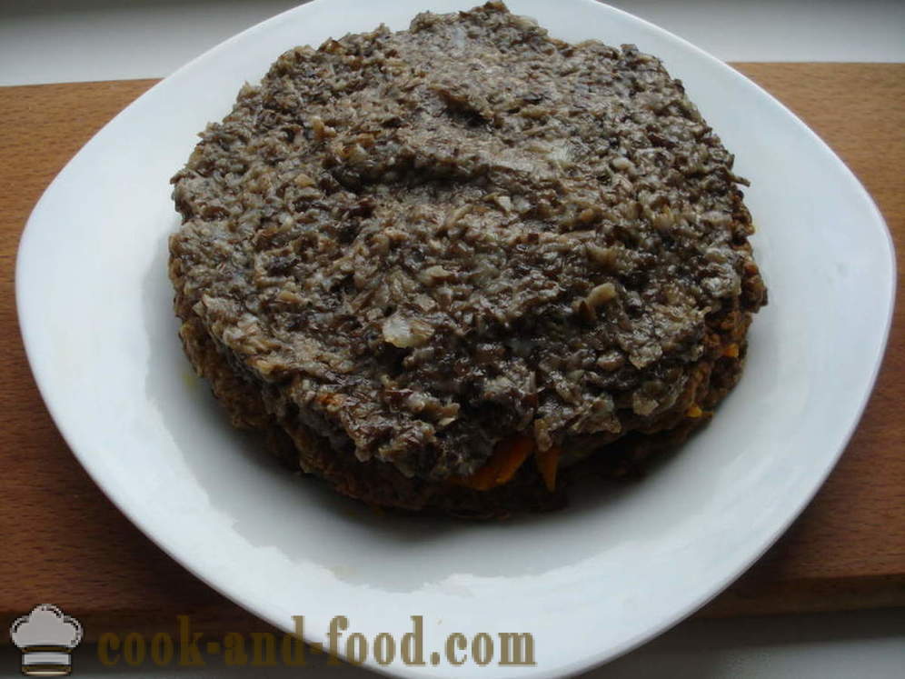 Liver cake rundvleeslever - hoe taart lever met champignons, een stap voor stap recept foto's te koken