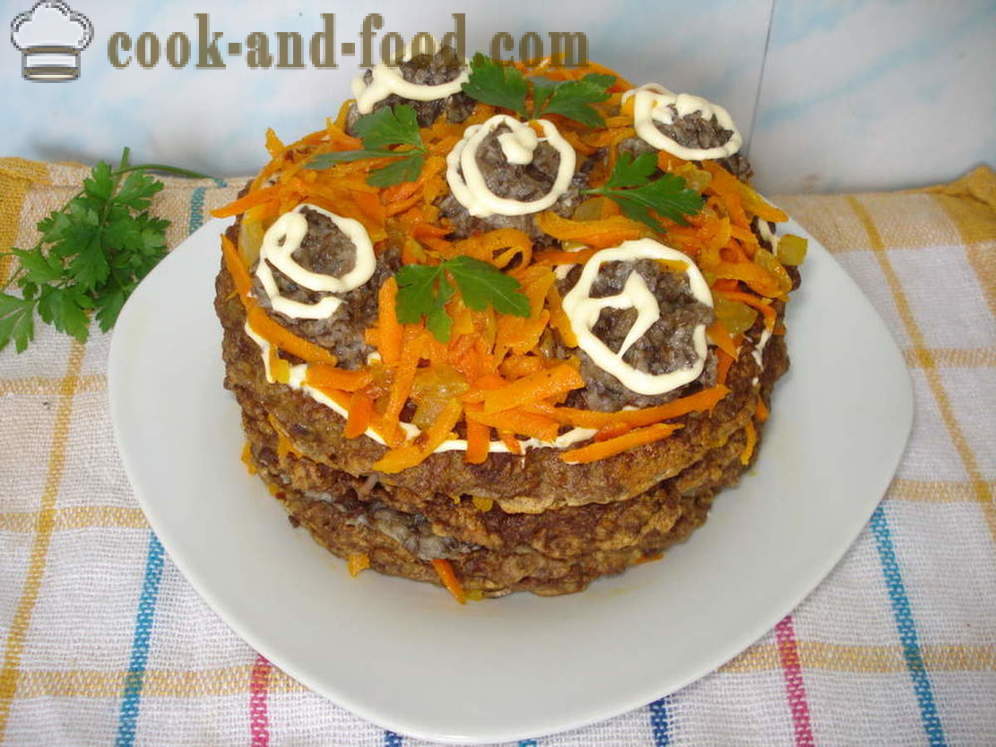 Liver cake rundvleeslever - hoe taart lever met champignons, een stap voor stap recept foto's te koken