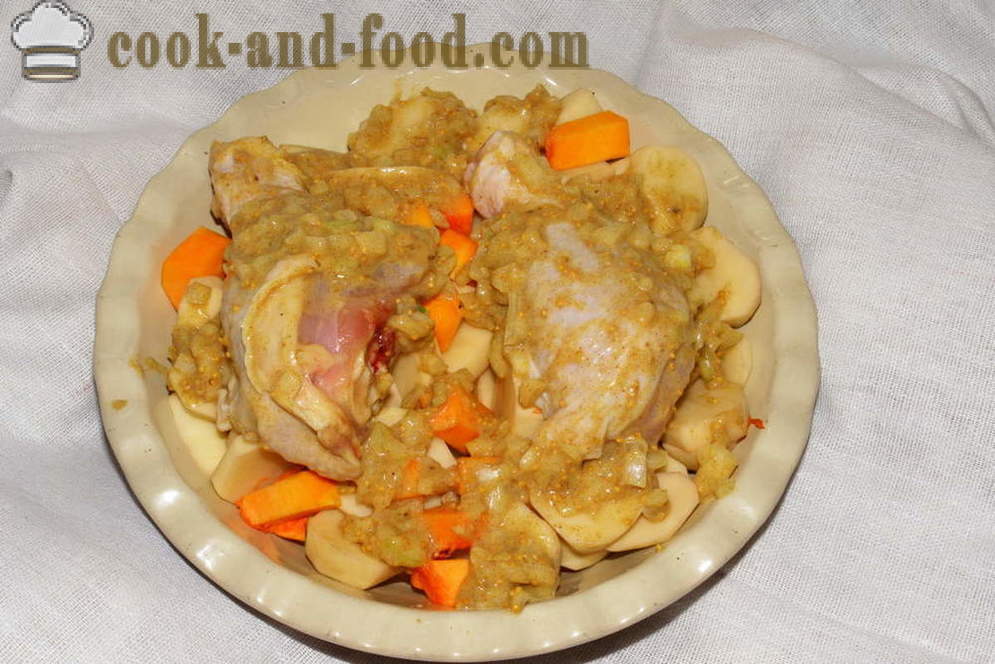 Kip in mosterd saus in de oven - hoe je een kip in de oven met aardappelen en pompoen, met een stap voor stap recept foto's