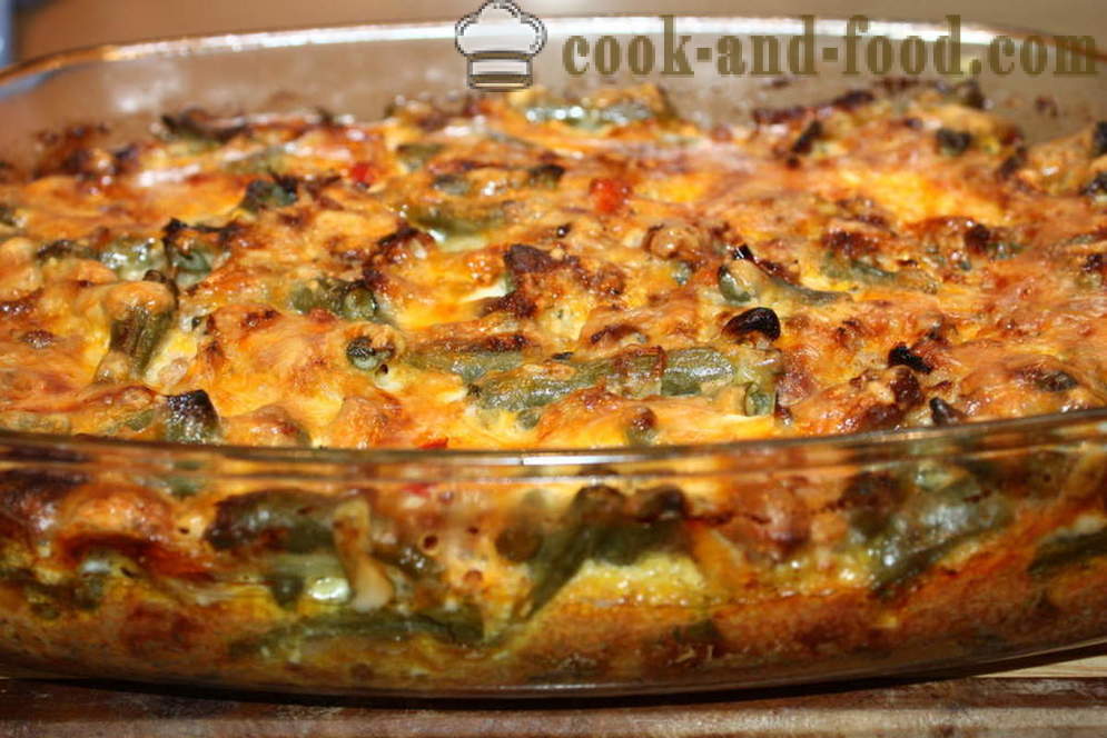 Braadpan met kip, spek en groene bonen in de oven - hoe je een braadpan te maken in de oven, met een stap voor stap recept foto's