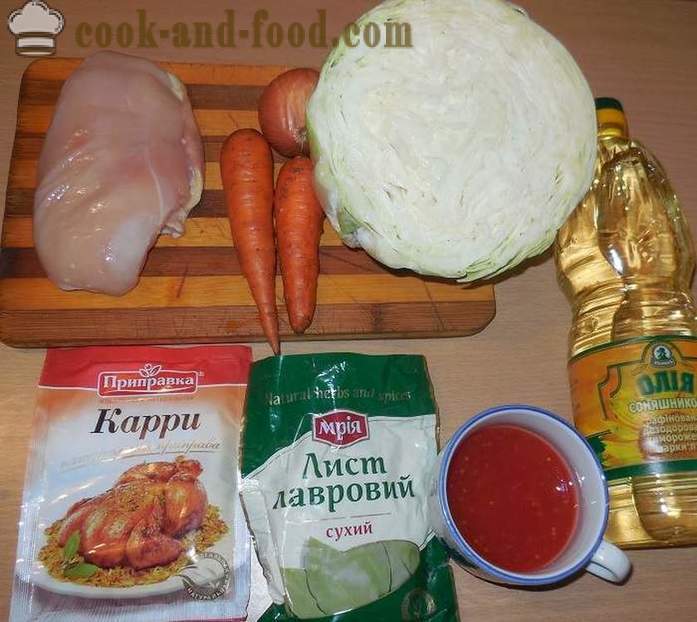 Gestoofde kool met kip, groenten en curry - hoe gestoofde kool koken met vlees kip - een stap voor stap recept foto's
