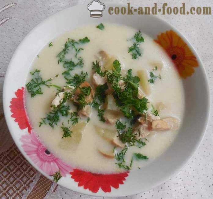 Kaas soep met gesmolten kaas, champignons en kip - hoe kaas soep in multivarka, stap voor stap recept met foto's koken.