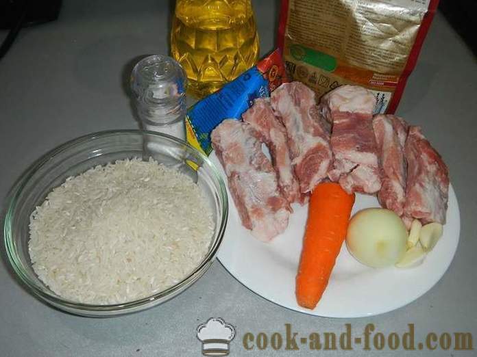 Varkensvlees en scherpe rijst in multivarka - hoe om te koken van rijst met vlees in multivarka, stap voor stap recept met foto's.