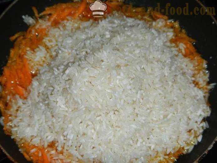 Varkensvlees en scherpe rijst in multivarka - hoe om te koken van rijst met vlees in multivarka, stap voor stap recept met foto's.