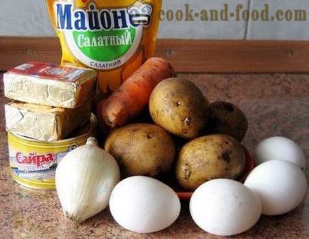 Mimosa salad - turn-based klassieke recept met kaas, boter, ingeblikt voedsel en aardappelen (foto, video)